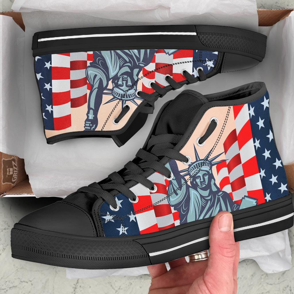 USA Flag Statue of Liberty Print Black High Top Shoes-grizzshop