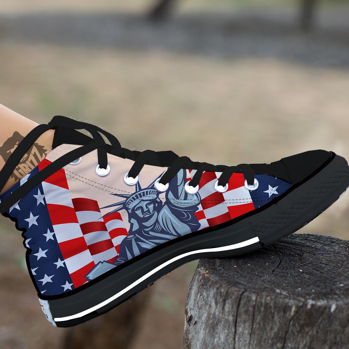 USA Flag Statue of Liberty Print Black High Top Shoes-grizzshop