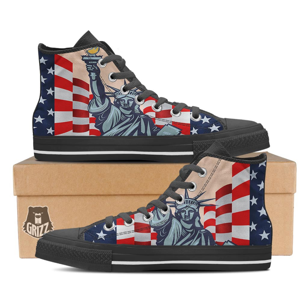 USA Flag Statue of Liberty Print Black High Top Shoes-grizzshop