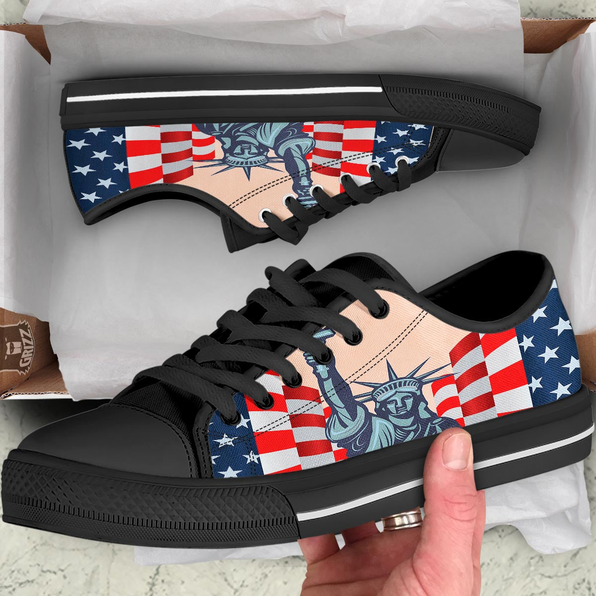 USA Flag Statue of Liberty Print Black Low Top Shoes-grizzshop