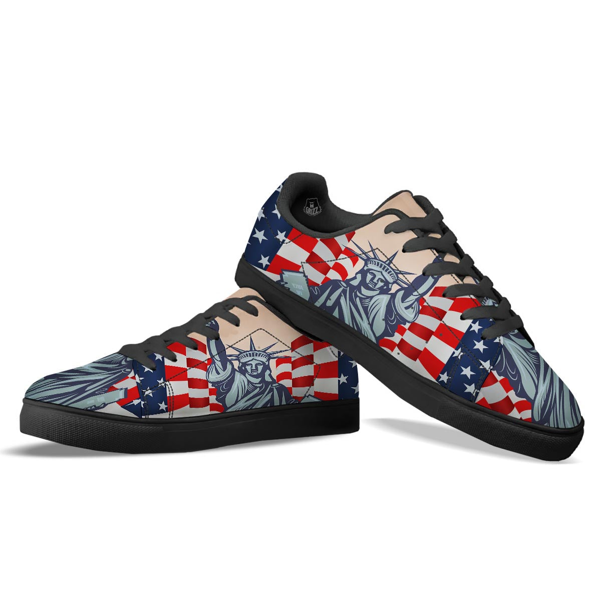 USA Flag Statue of Liberty Print Black Low Top Sneakers-grizzshop