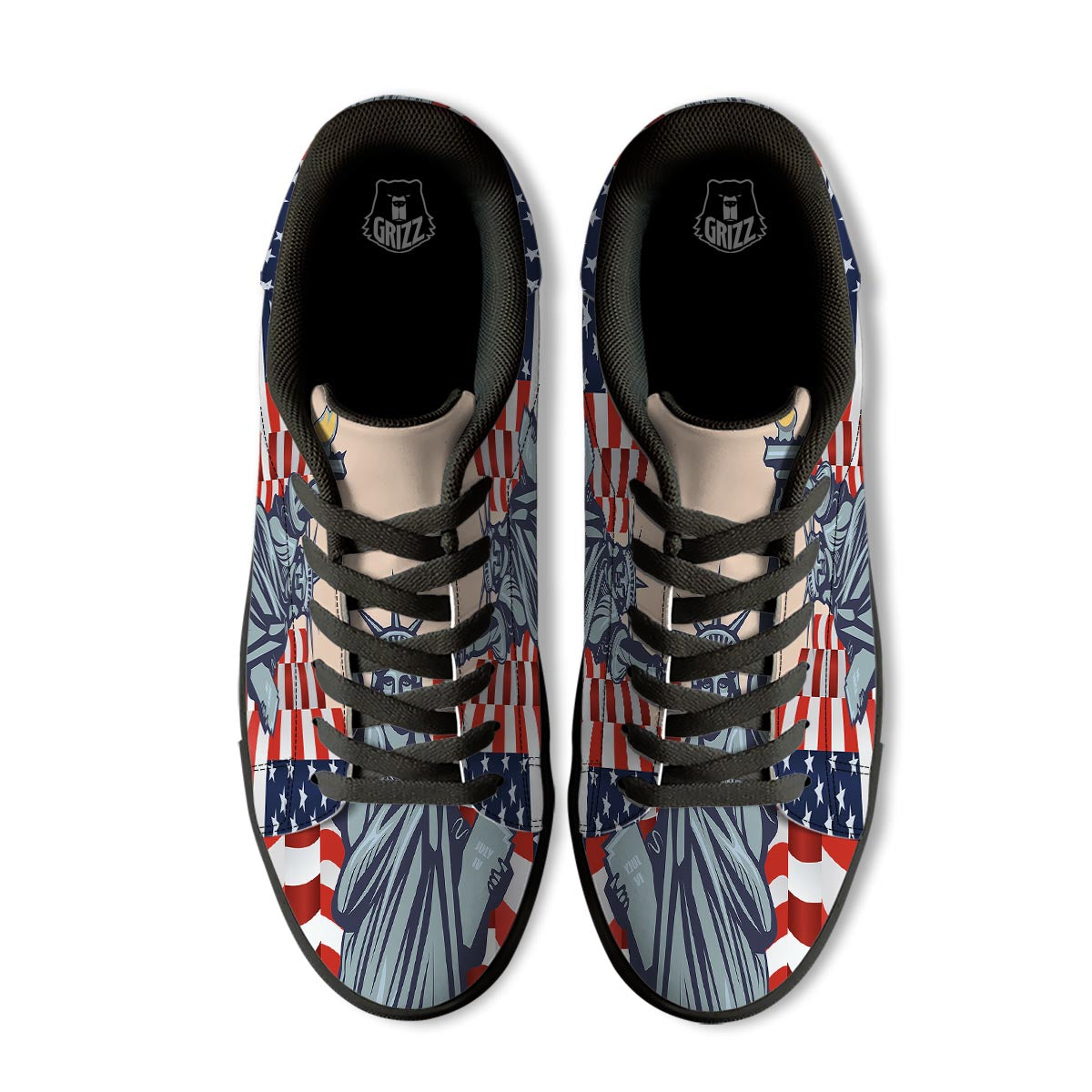 USA Flag Statue of Liberty Print Black Low Top Sneakers-grizzshop