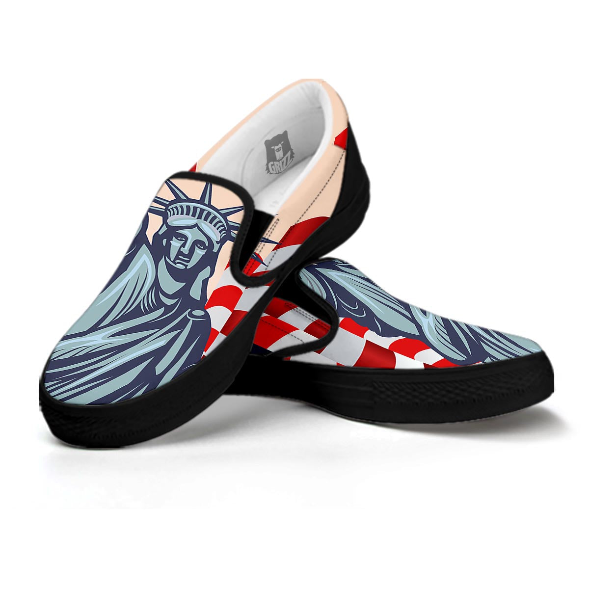 USA Flag Statue of Liberty Print Black Slip On Shoes-grizzshop