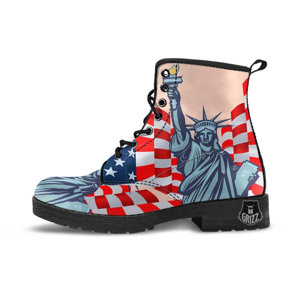 USA Flag Statue of Liberty Print Leather Boots-grizzshop