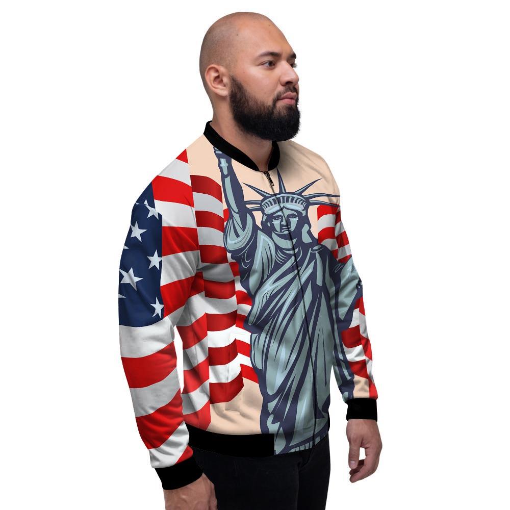 USA Flag Statue of Liberty Print Men's Bomber Jacket-grizzshop