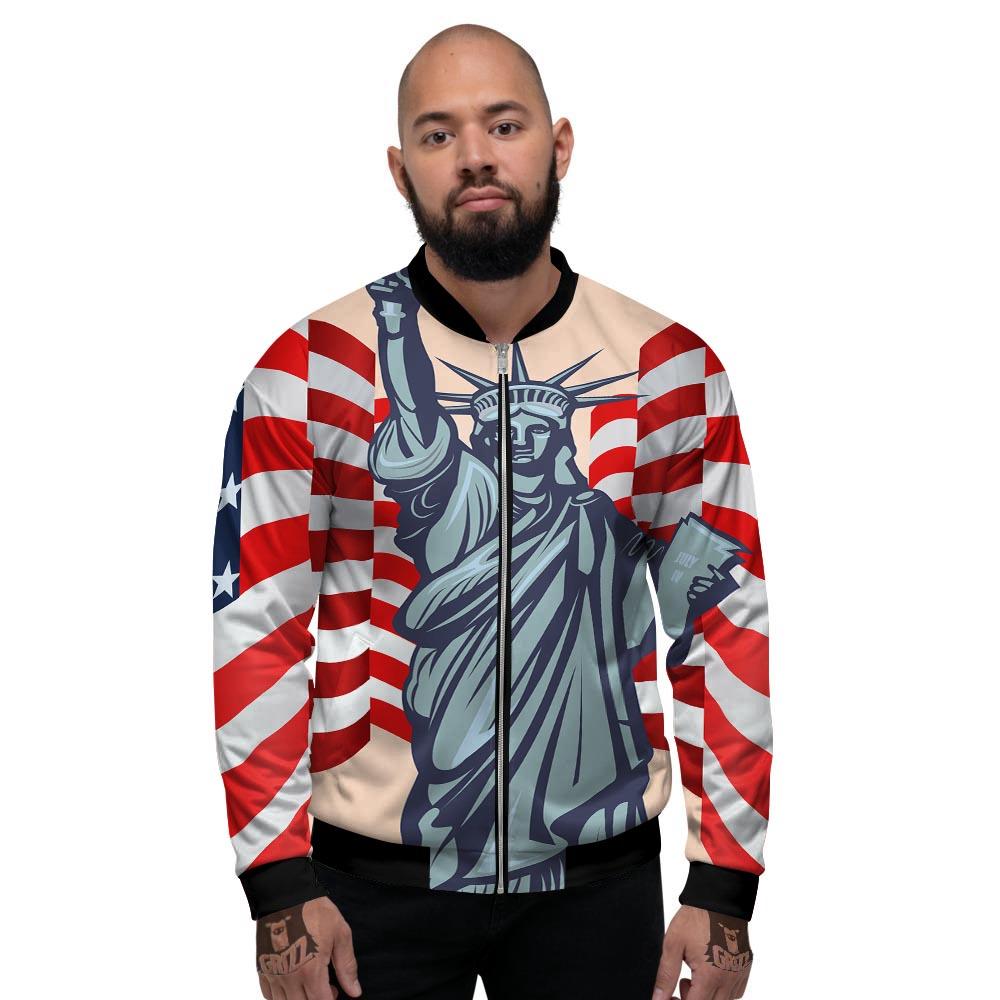 USA Flag Statue of Liberty Print Men's Bomber Jacket-grizzshop