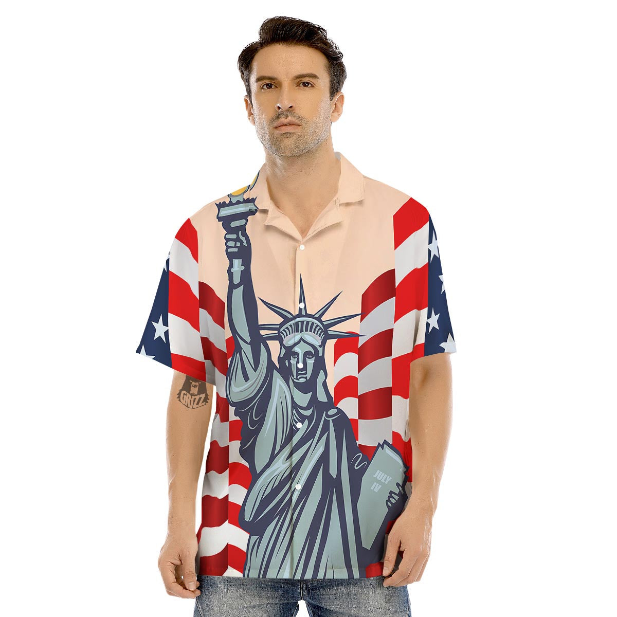 USA Flag Statue of Liberty Print Men's Hawaiian Shirt-grizzshop