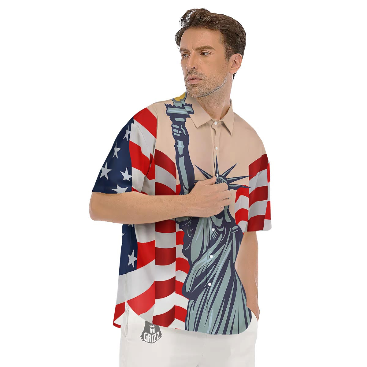 USA Flag Statue of Liberty Print Men's Short Sleeve Shirts-grizzshop