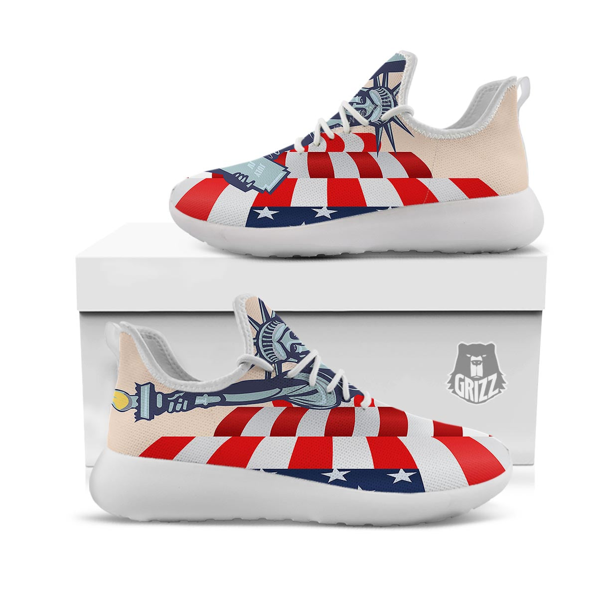 USA Flag Statue of Liberty Print White Athletic Shoes-grizzshop