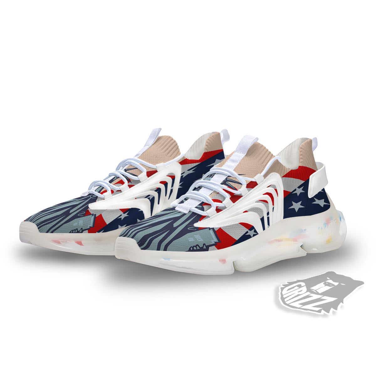 USA Flag Statue of Liberty Print White Gym Shoes-grizzshop