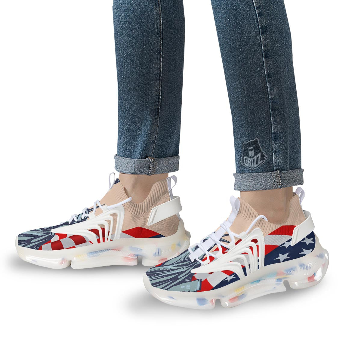 USA Flag Statue of Liberty Print White Gym Shoes-grizzshop