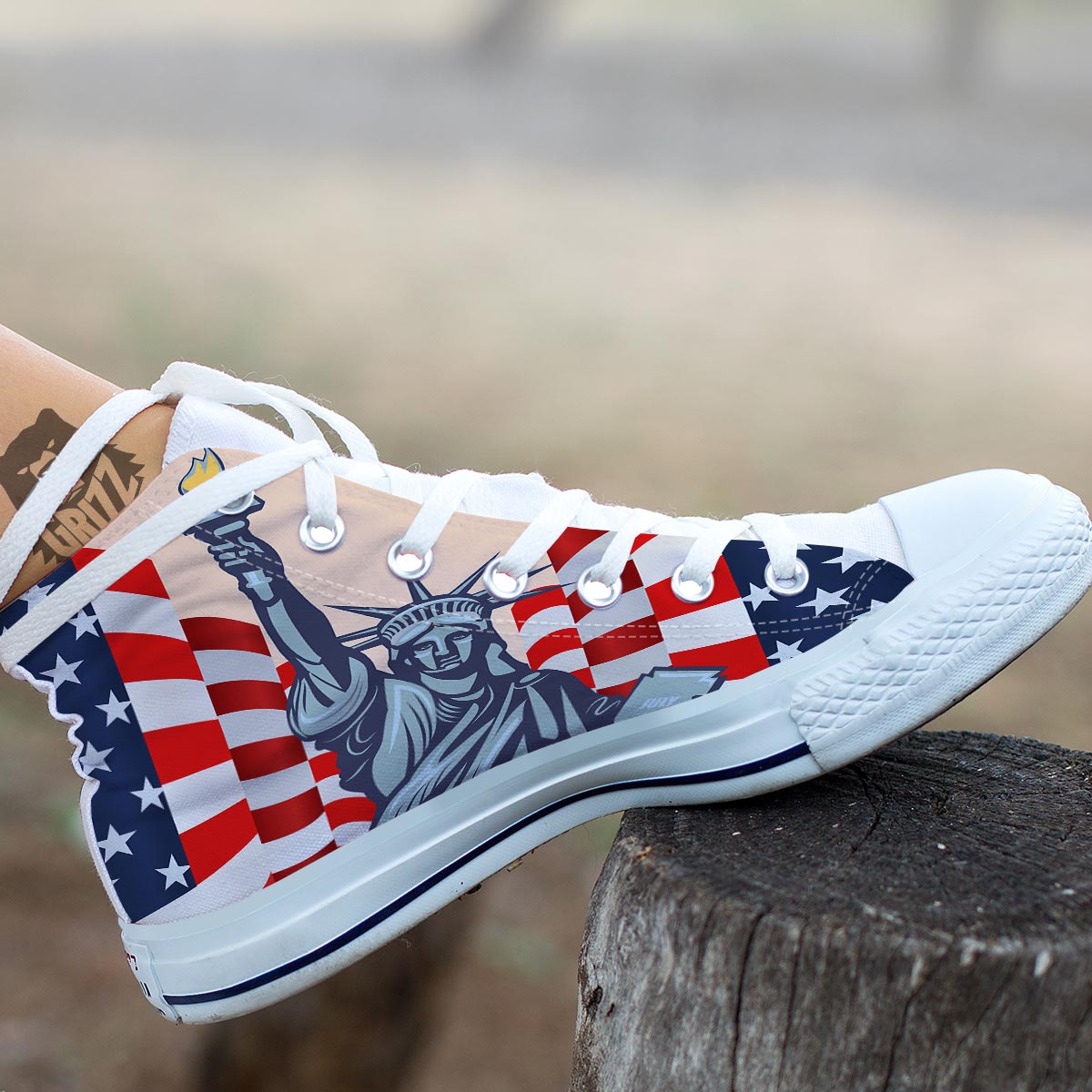 USA Flag Statue of Liberty Print White High Top Shoes-grizzshop