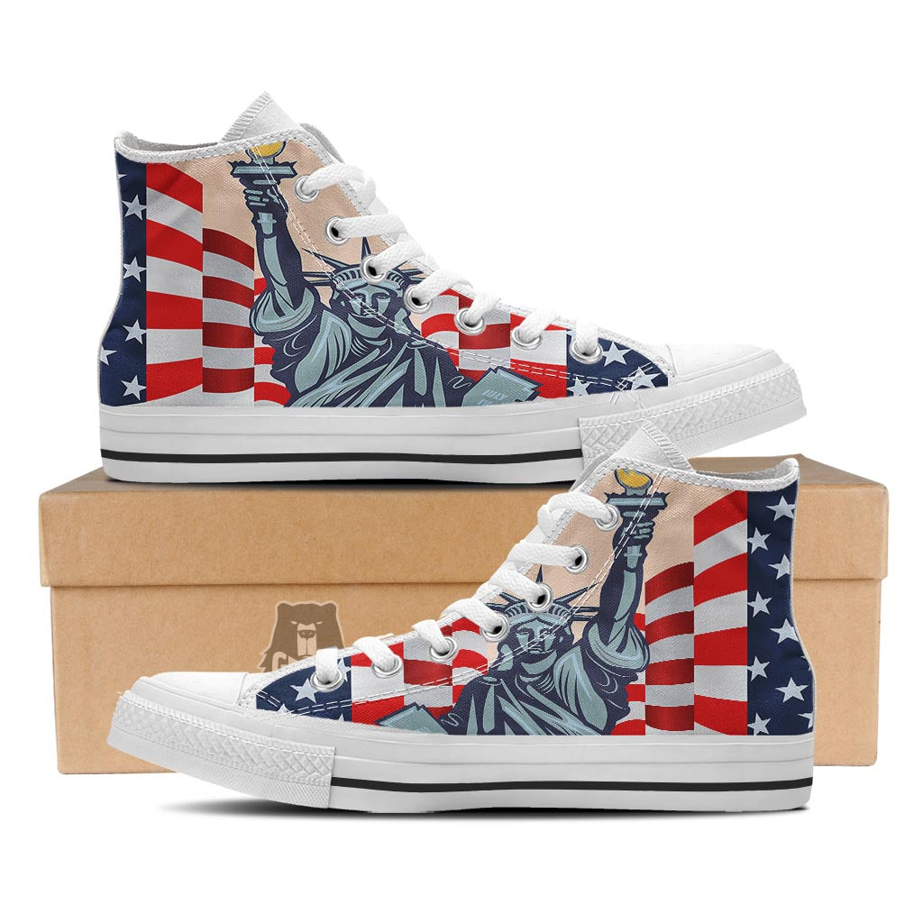 USA Flag Statue of Liberty Print White High Top Shoes-grizzshop