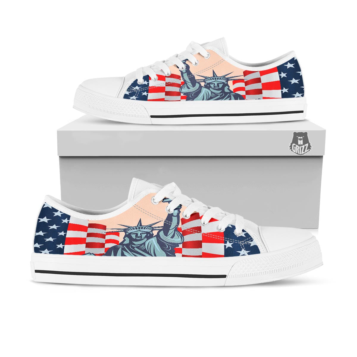 USA Flag Statue of Liberty Print White Low Top Shoes-grizzshop