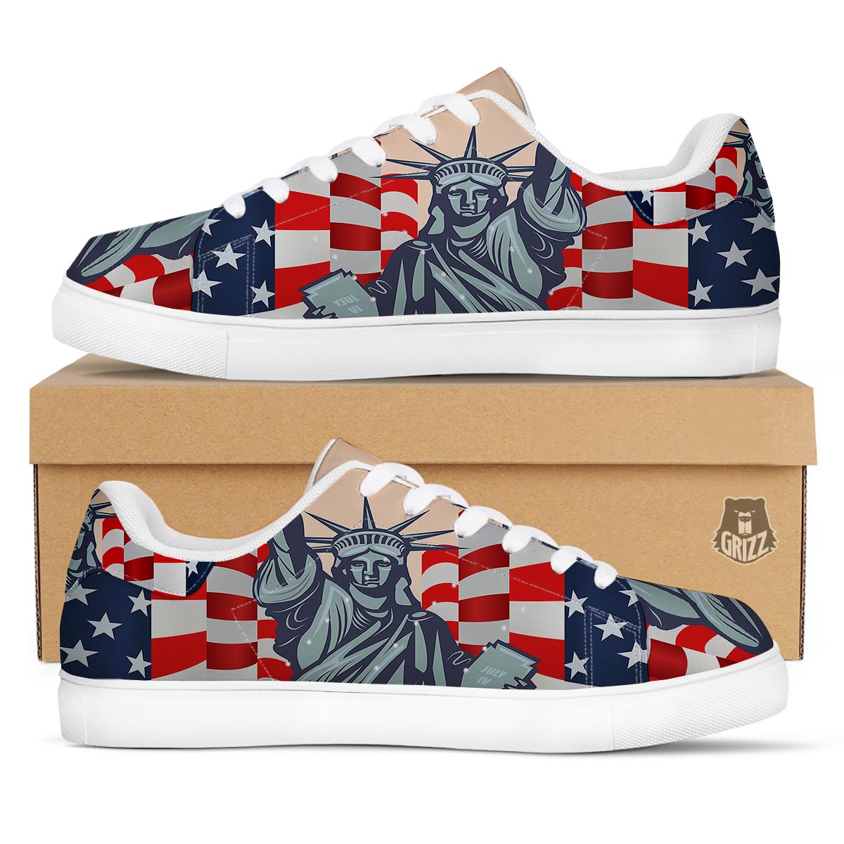 USA Flag Statue of Liberty Print White Low Top Sneakers-grizzshop