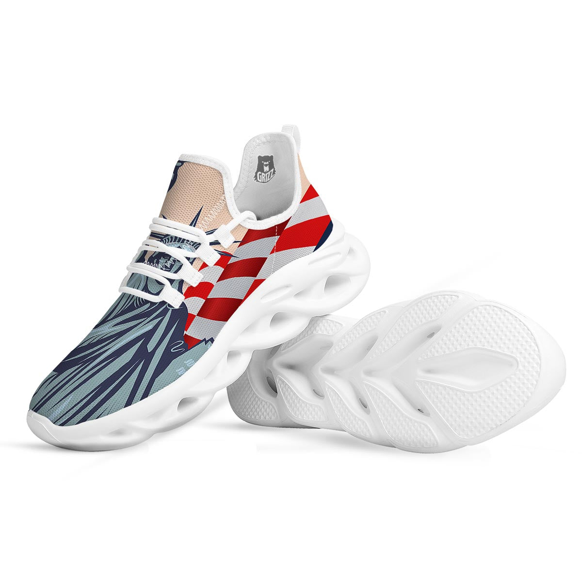 USA Flag Statue of Liberty Print White Running Shoes-grizzshop