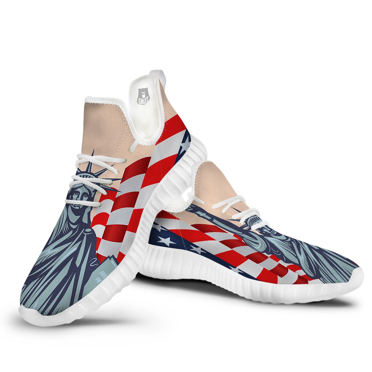 USA Flag Statue of Liberty Print White Walking Shoes-grizzshop