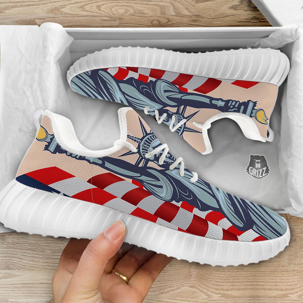 USA Flag Statue of Liberty Print White Walking Shoes-grizzshop