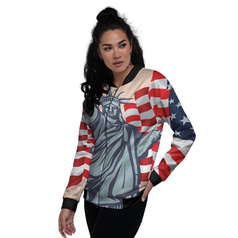 USA Flag Statue of Liberty Print Women's Bomber Jacket-grizzshop