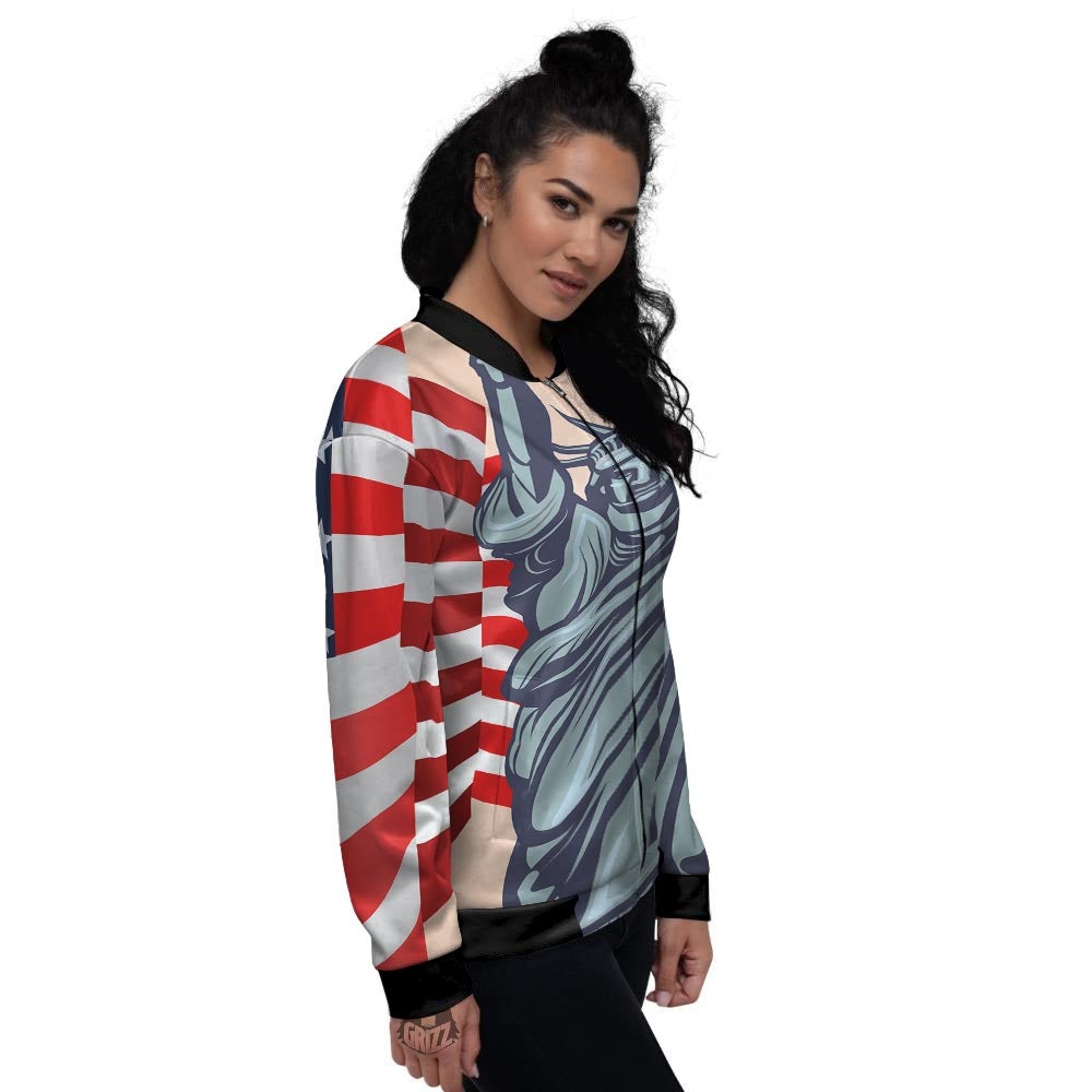 USA Flag Statue of Liberty Print Women's Bomber Jacket-grizzshop