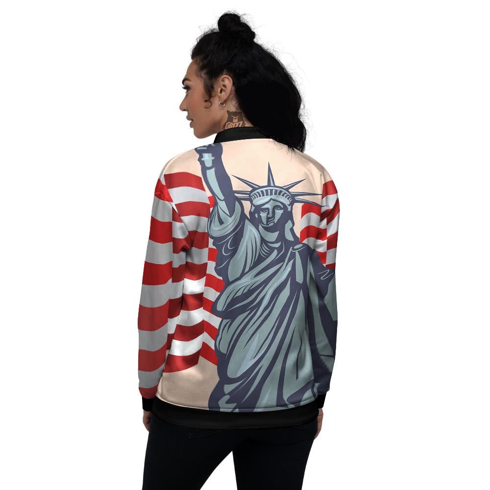 USA Flag Statue of Liberty Print Women's Bomber Jacket-grizzshop