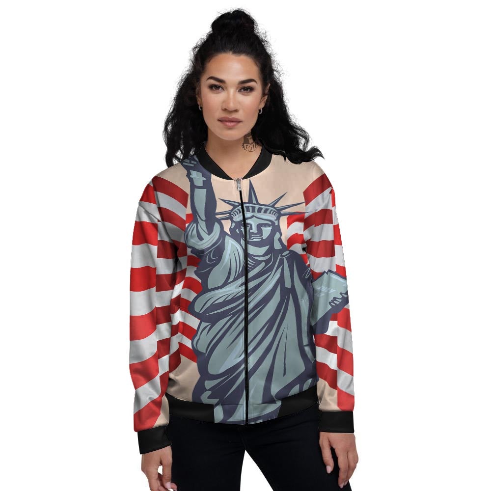 USA Flag Statue of Liberty Print Women's Bomber Jacket-grizzshop