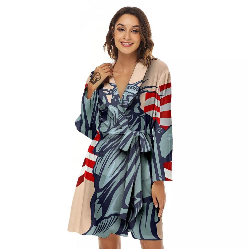 USA Flag Statue of Liberty Print Women's Robe-grizzshop