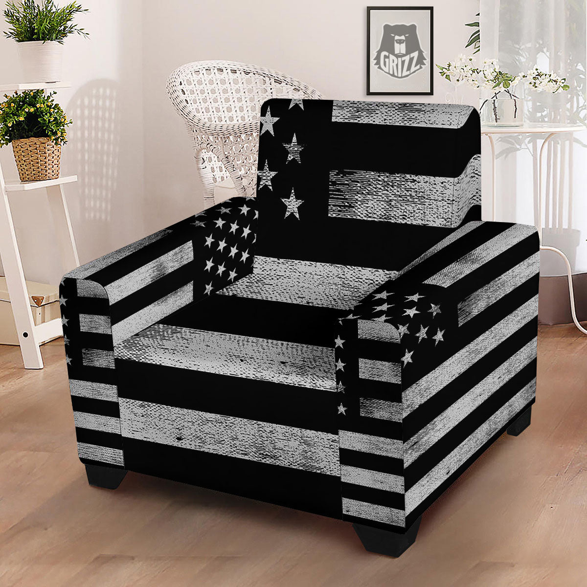 USA Flag White And Black Print Armchair Slipcover-grizzshop