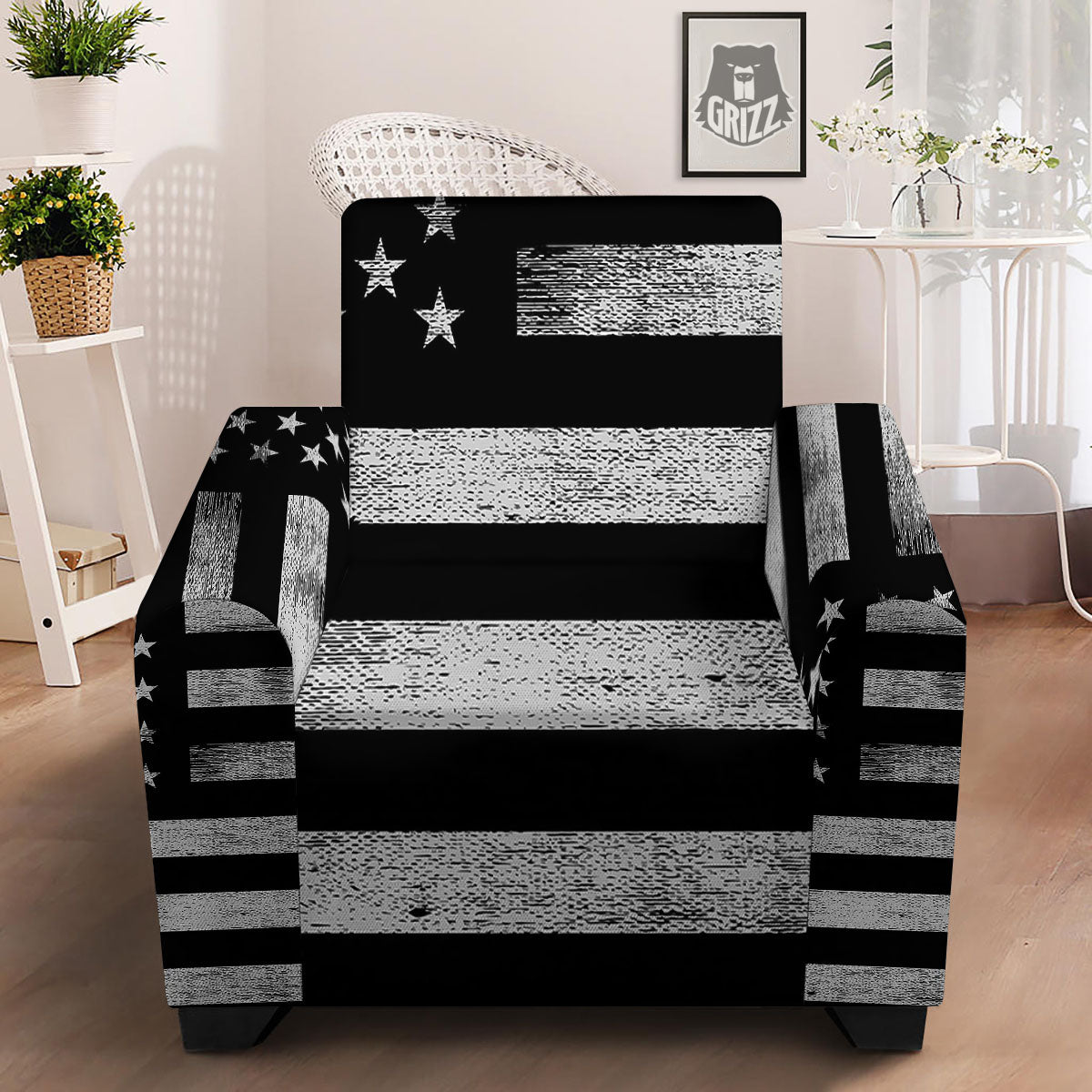 USA Flag White And Black Print Armchair Slipcover-grizzshop