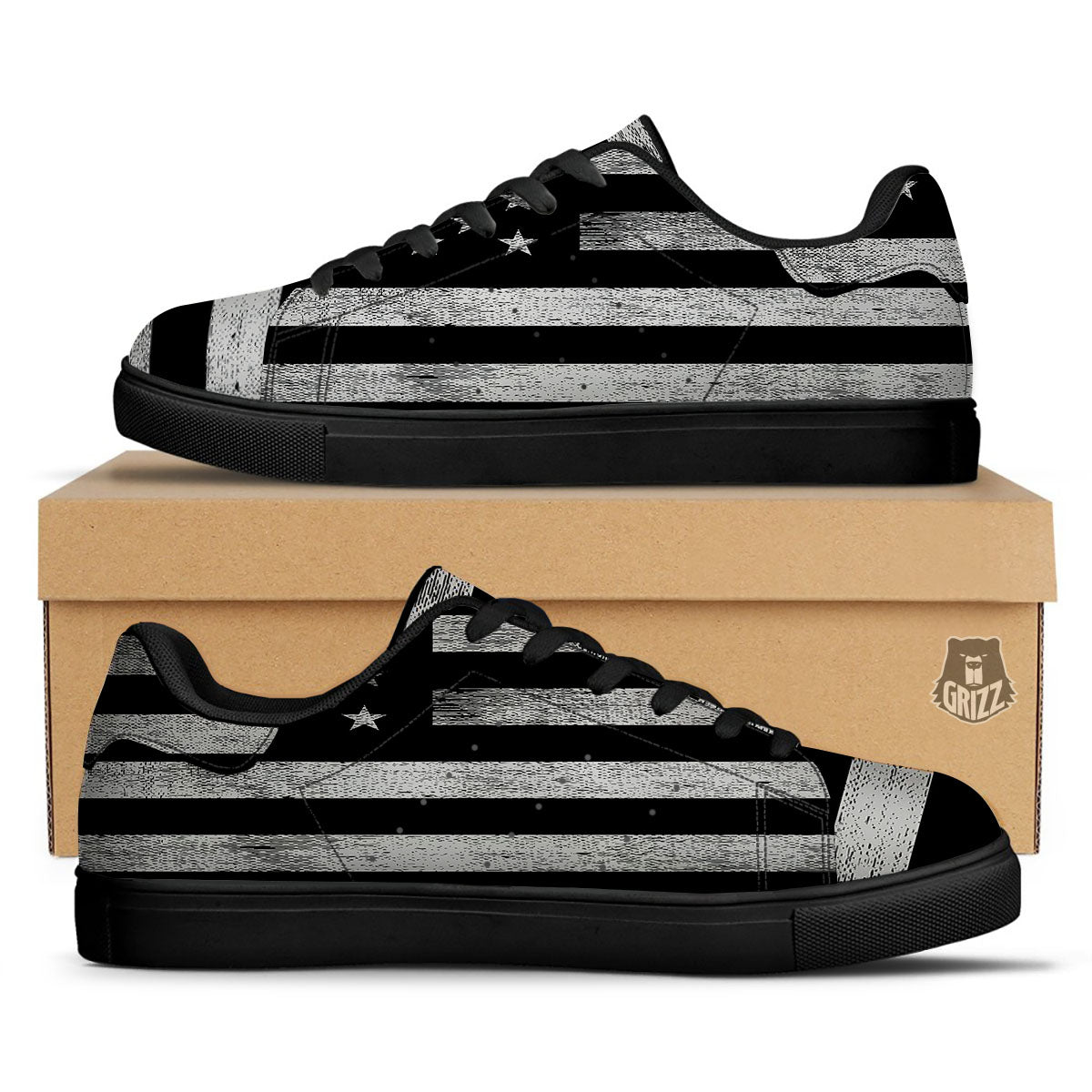 USA Flag White And Black Print Black Low Top Sneakers-grizzshop