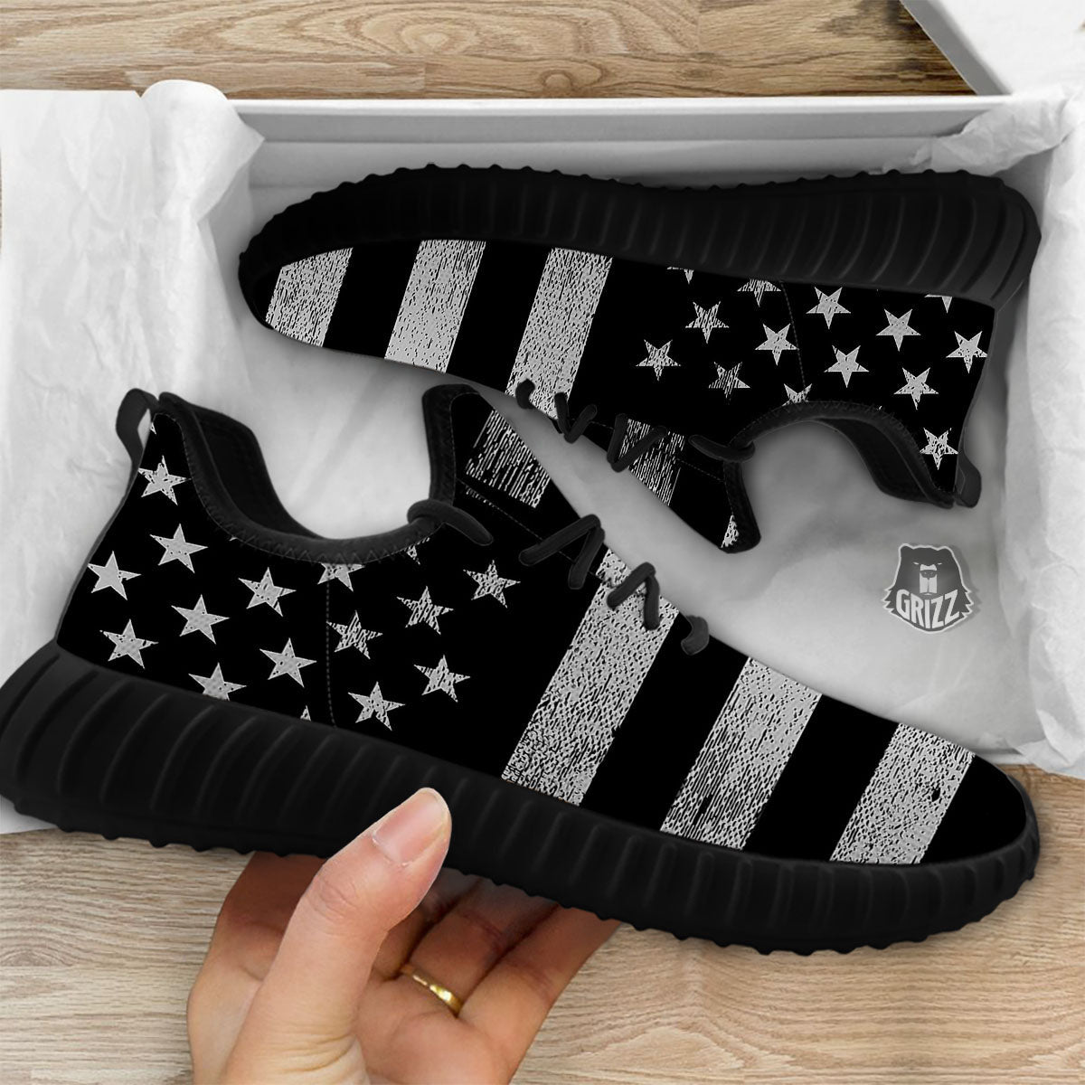 USA Flag White And Black Print Black Walking Shoes-grizzshop