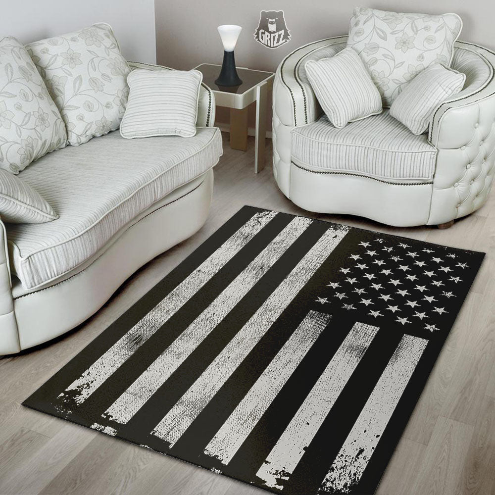 USA Flag White And Black Print Floor Mat-grizzshop