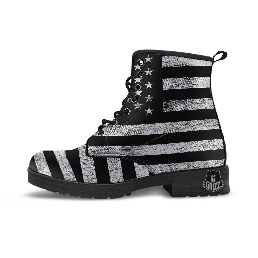 USA Flag White And Black Print Leather Boots-grizzshop