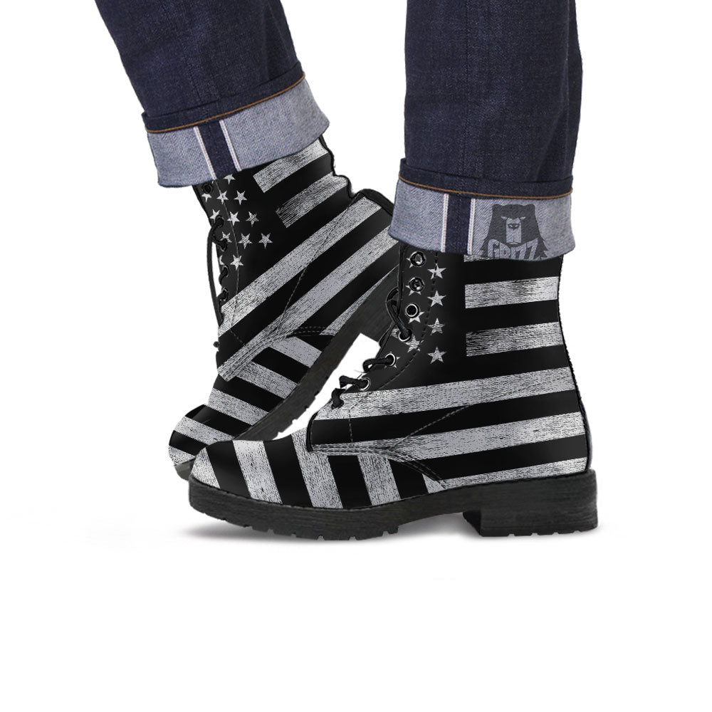 USA Flag White And Black Print Leather Boots-grizzshop