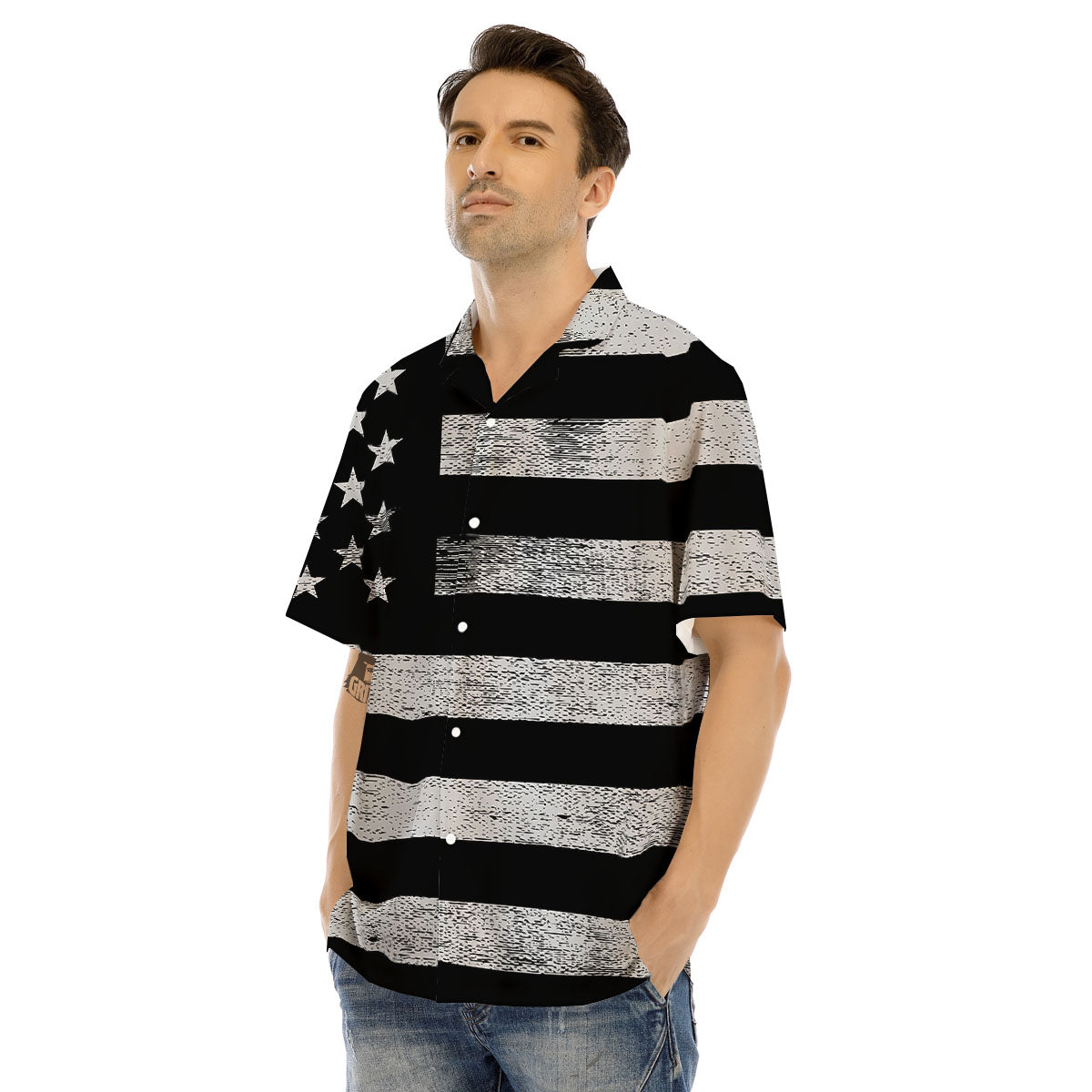 USA Flag White And Black Print Men's Hawaiian Shirt-grizzshop