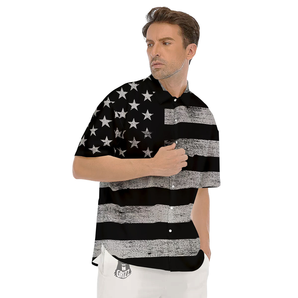 USA Flag White And Black Print Men's Short Sleeve Shirts-grizzshop