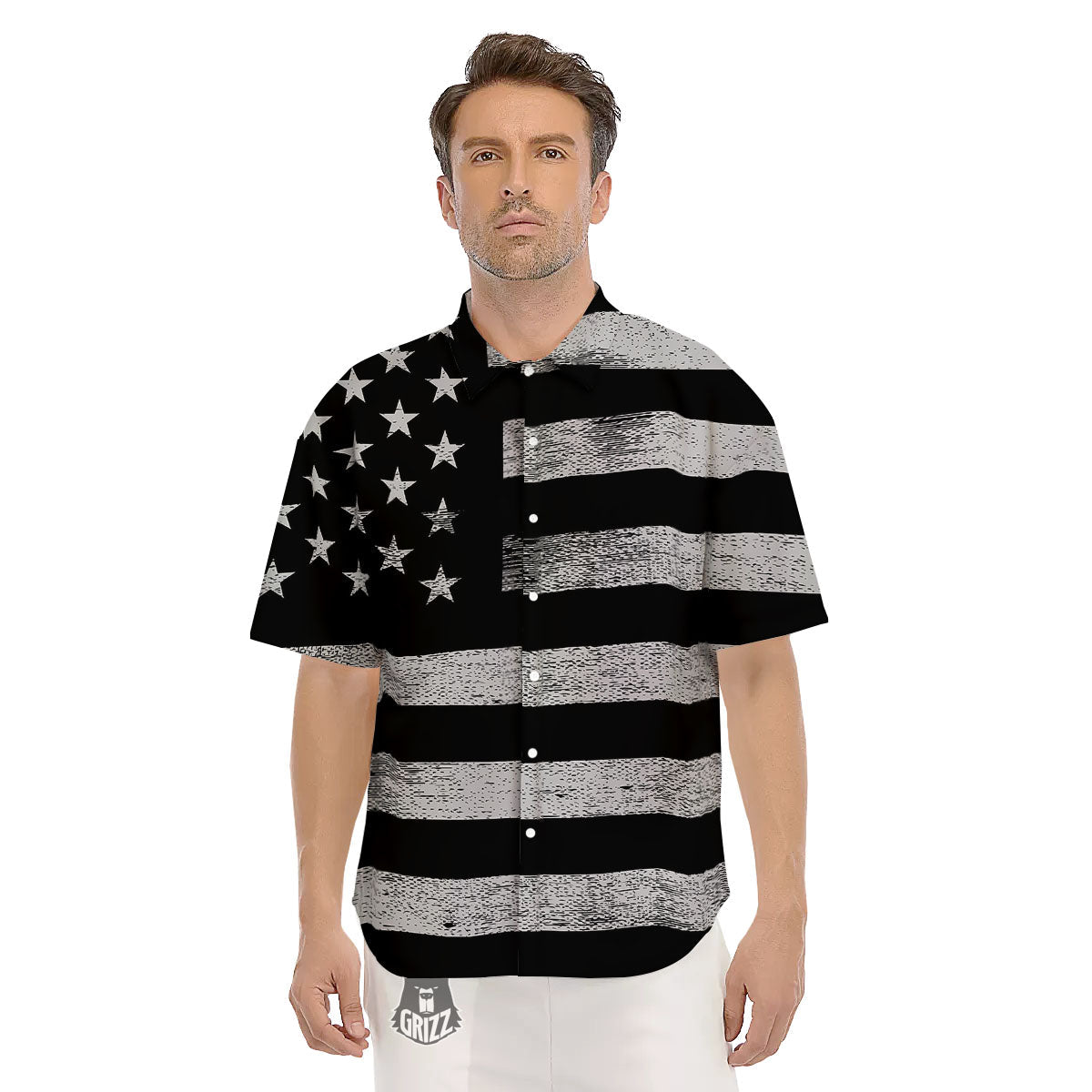 USA Flag White And Black Print Men's Short Sleeve Shirts-grizzshop