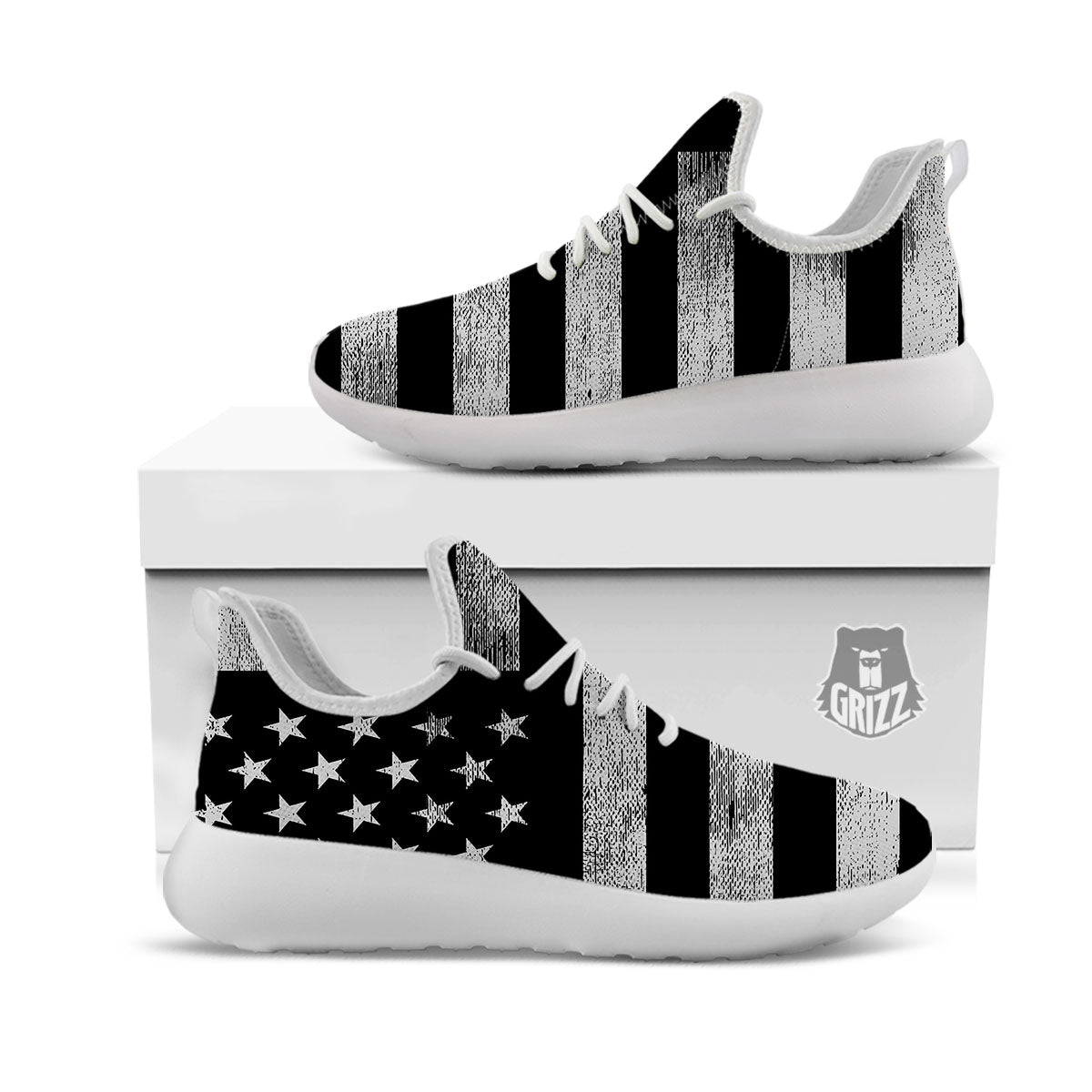 USA Flag White And Black Print White Athletic Shoes-grizzshop