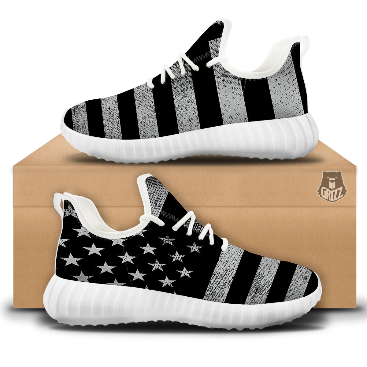 USA Flag White And Black Print White Walking Shoes-grizzshop