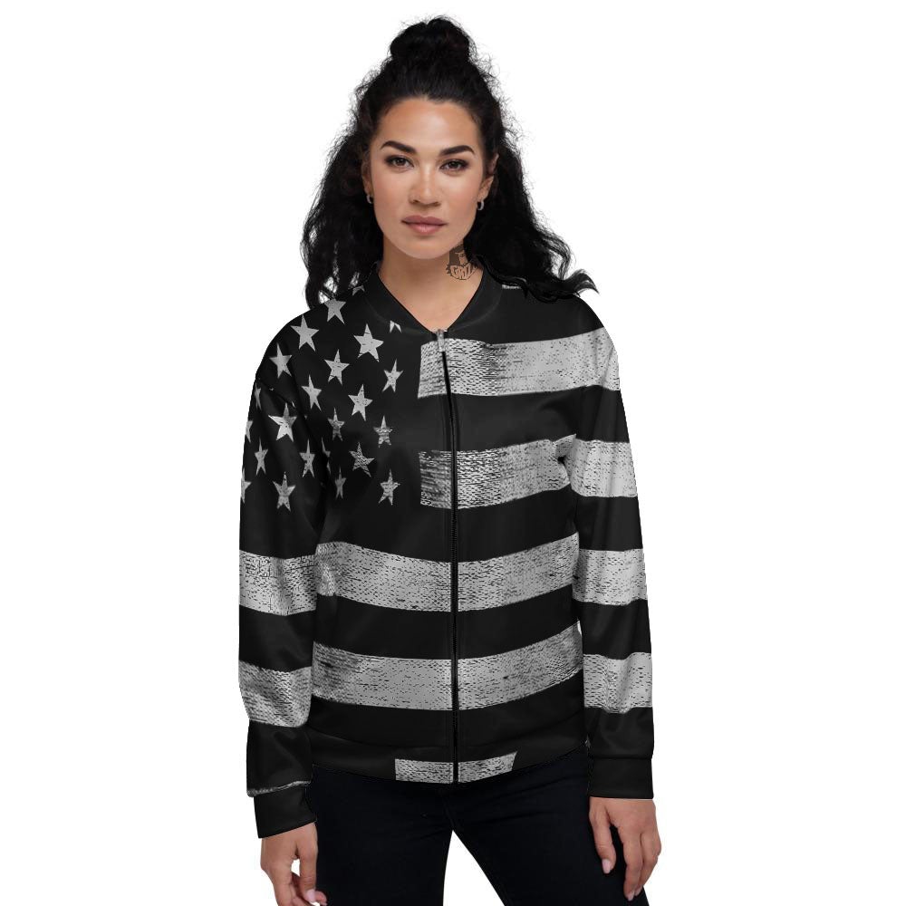 USA Flag White And Black Print Women's Bomber Jacket-grizzshop