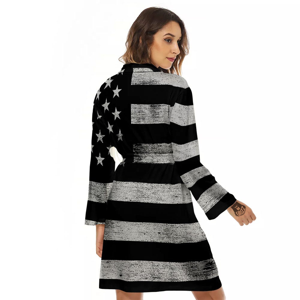 USA Flag White And Black Print Women's Robe-grizzshop