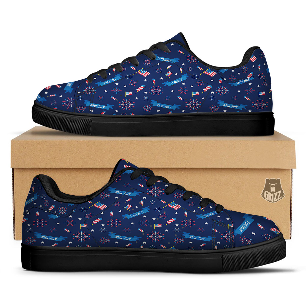 USA Star 4th of July Print Pattern Black Low Top Sneakers-grizzshop