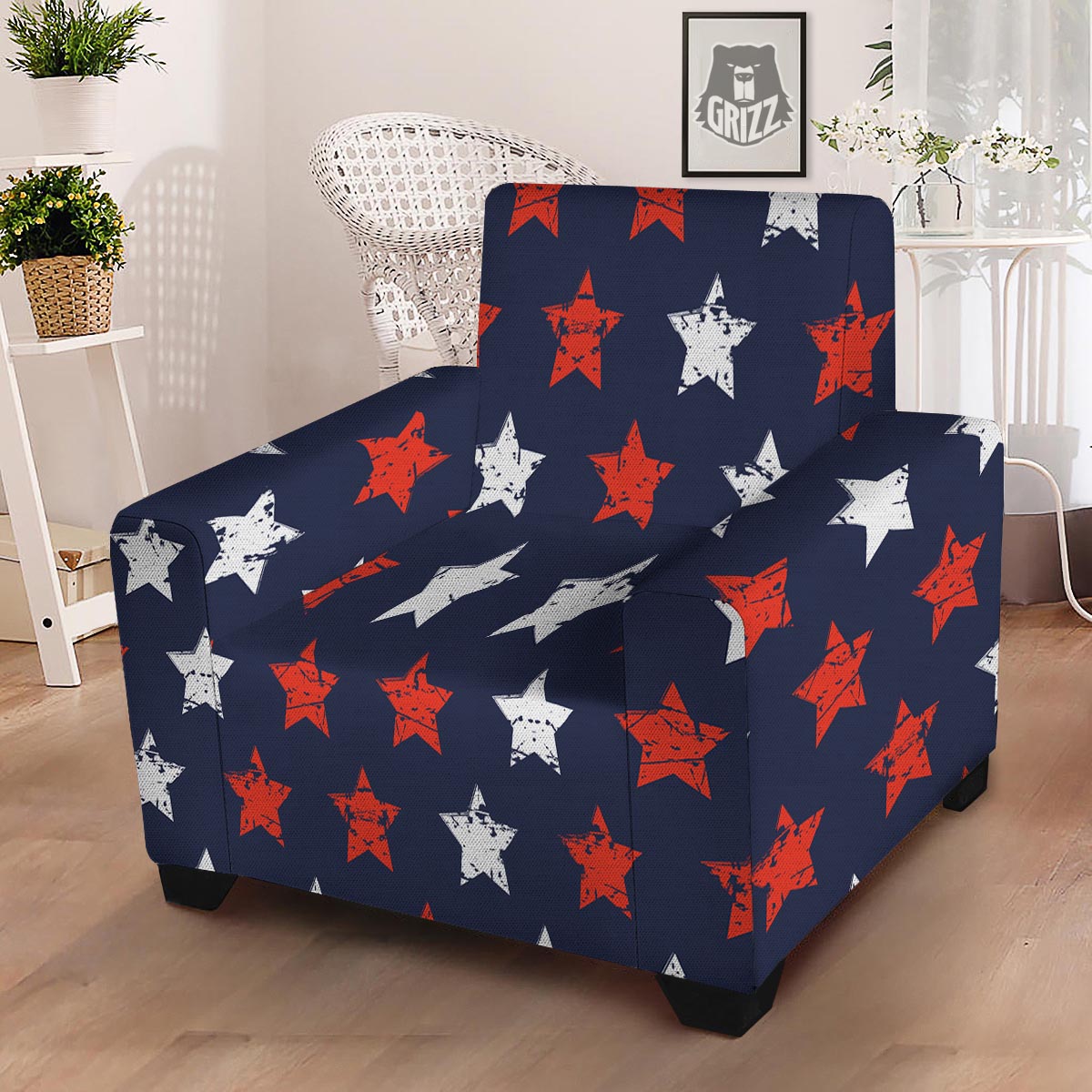 USA Star Blue And Red Print Pattern Armchair Slipcover-grizzshop