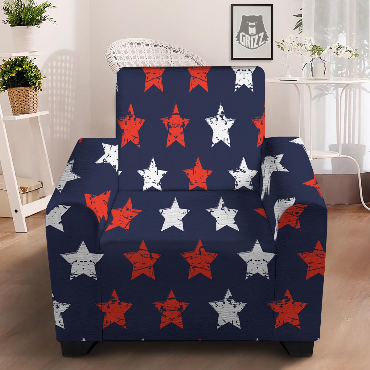 USA Star Blue And Red Print Pattern Armchair Slipcover-grizzshop