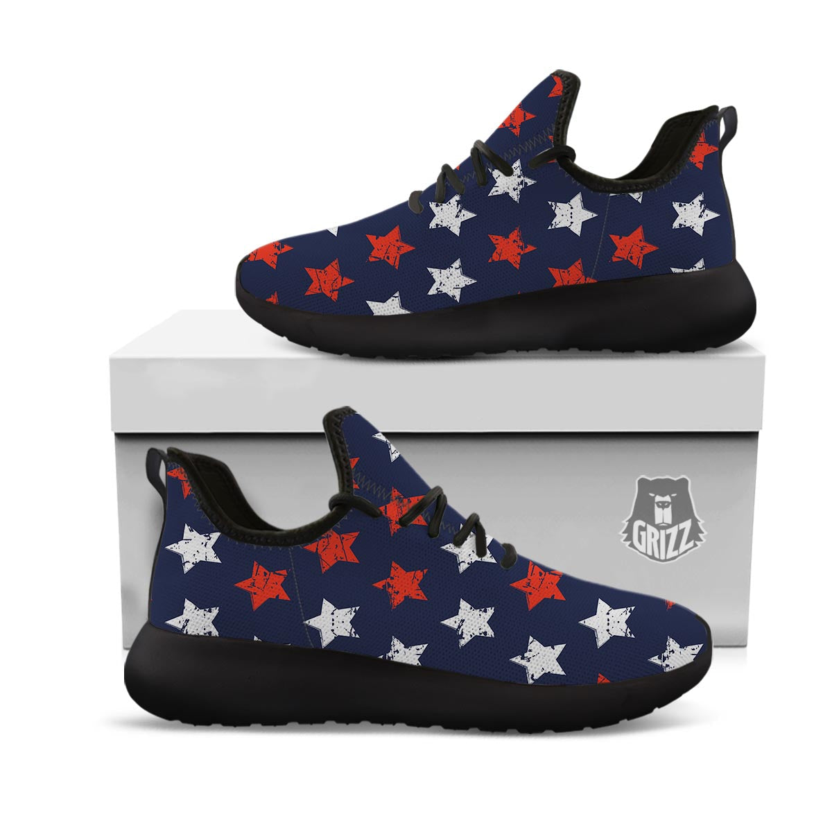 USA Star Blue And Red Print Pattern Black Athletic Shoes-grizzshop