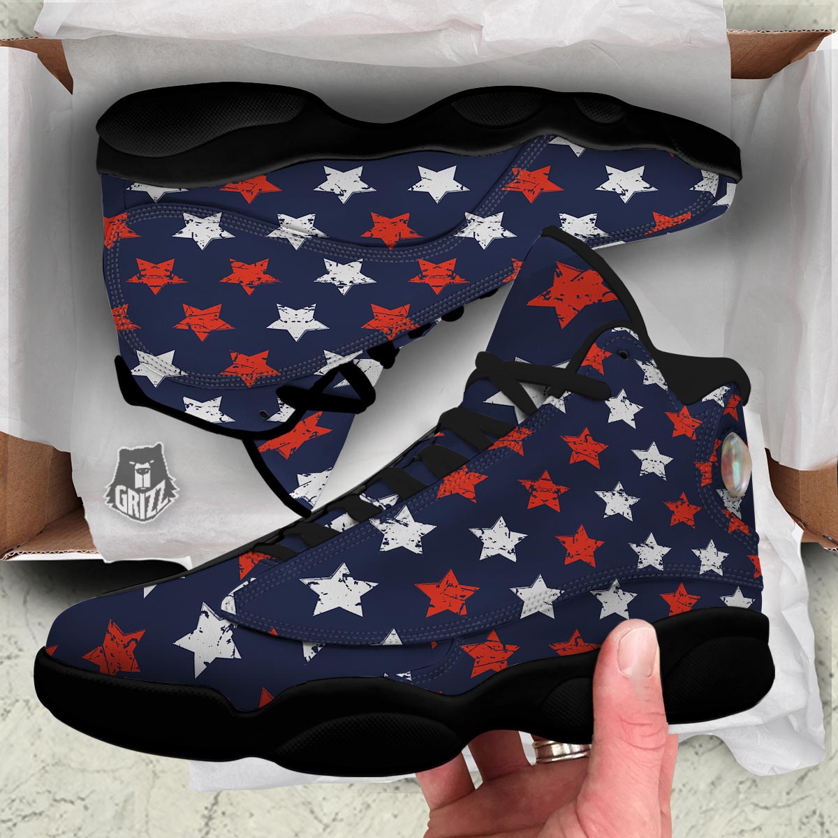 USA Star Blue And Red Print Pattern Black Basketball Shoes-grizzshop