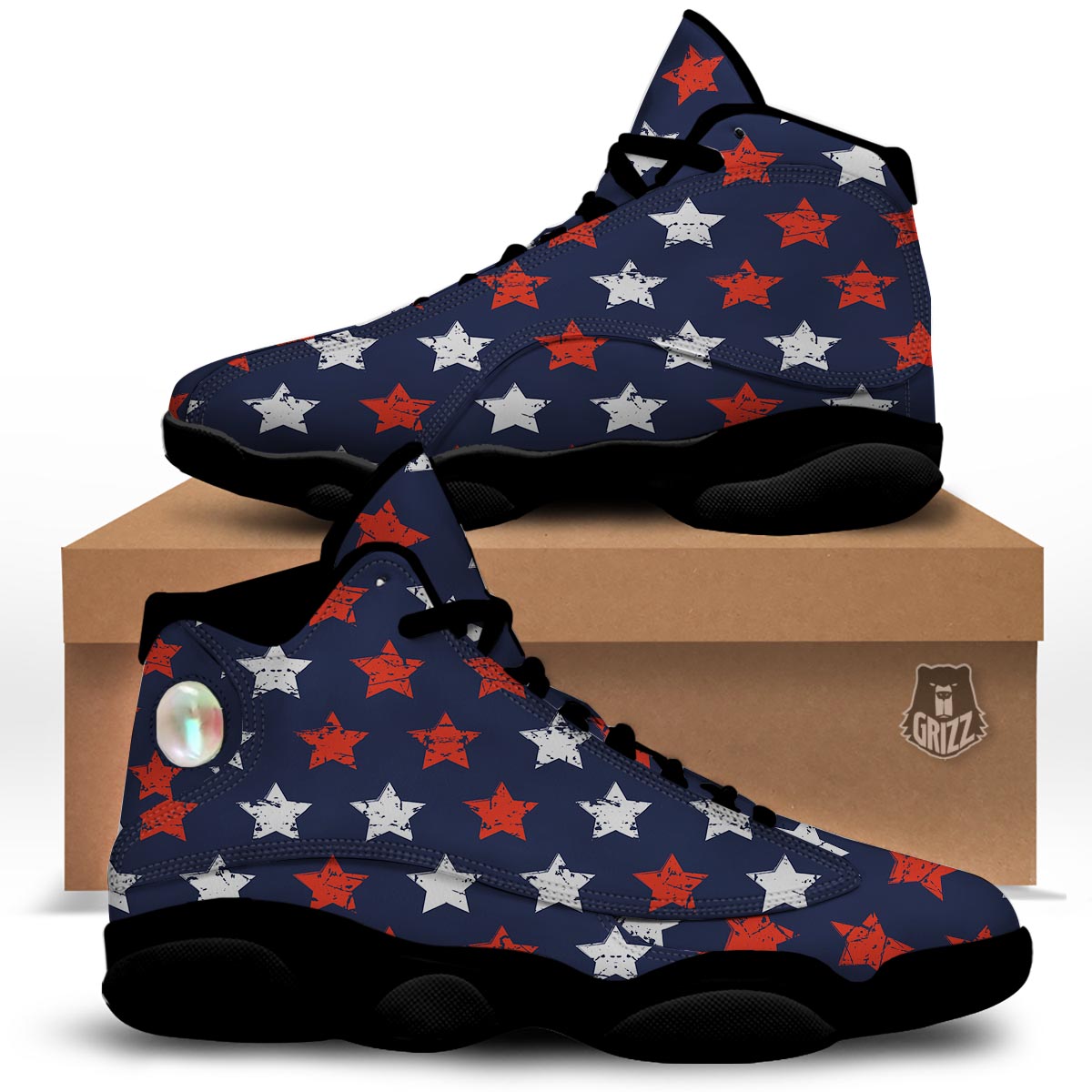 USA Star Blue And Red Print Pattern Black Basketball Shoes-grizzshop