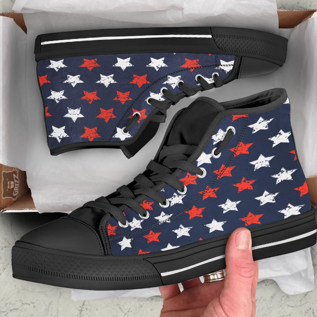 USA Star Blue And Red Print Pattern Black High Top Shoes-grizzshop