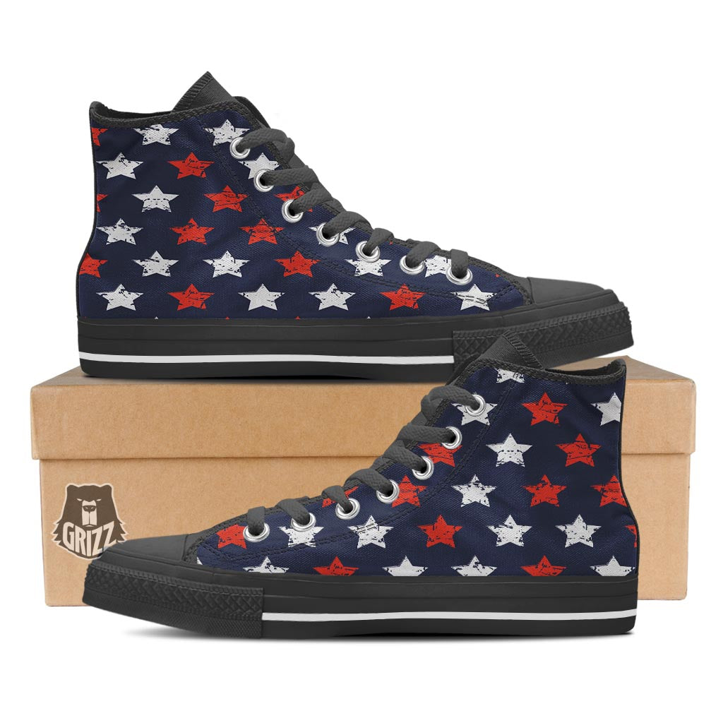 USA Star Blue And Red Print Pattern Black High Top Shoes-grizzshop