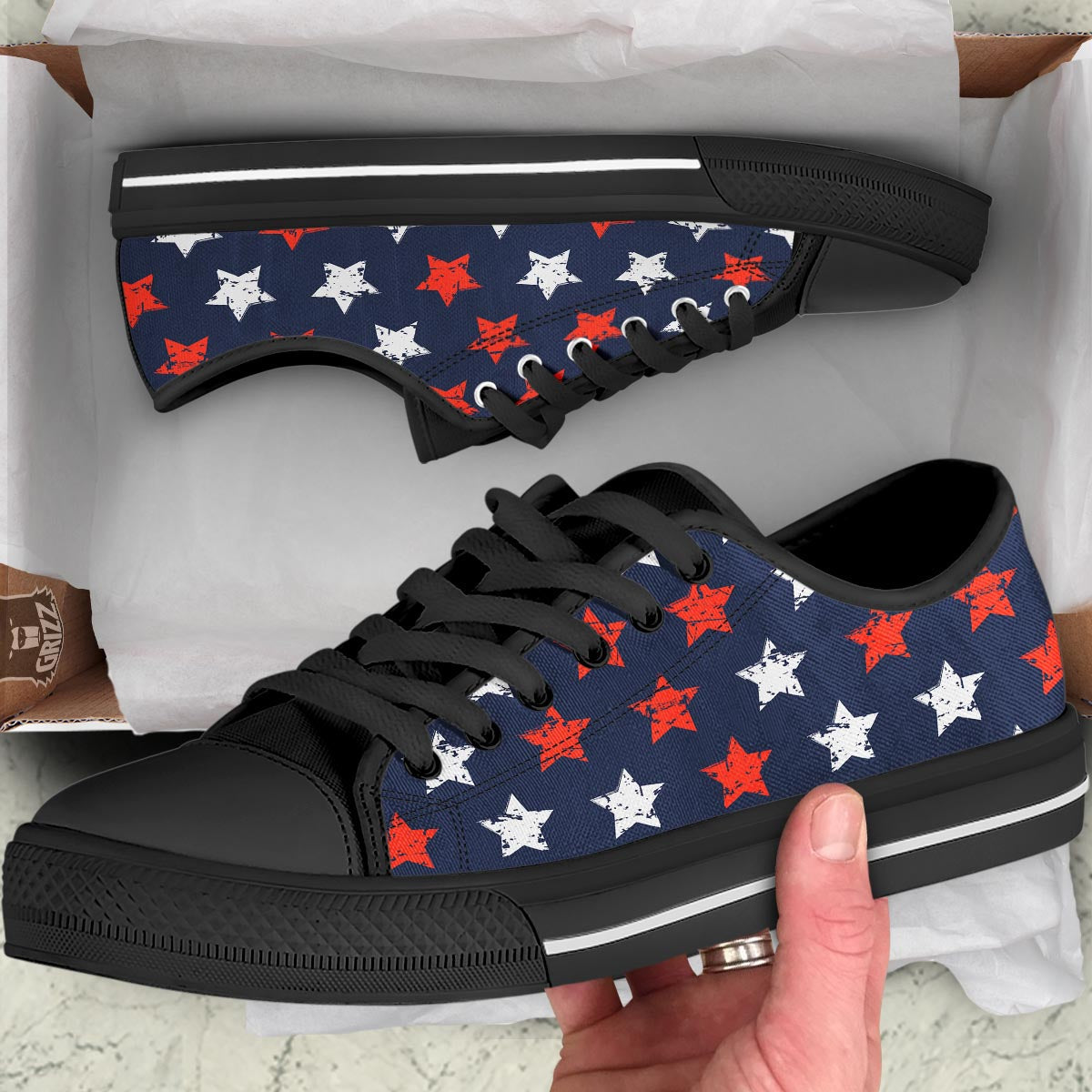 USA Star Blue And Red Print Pattern Black Low Top Shoes-grizzshop